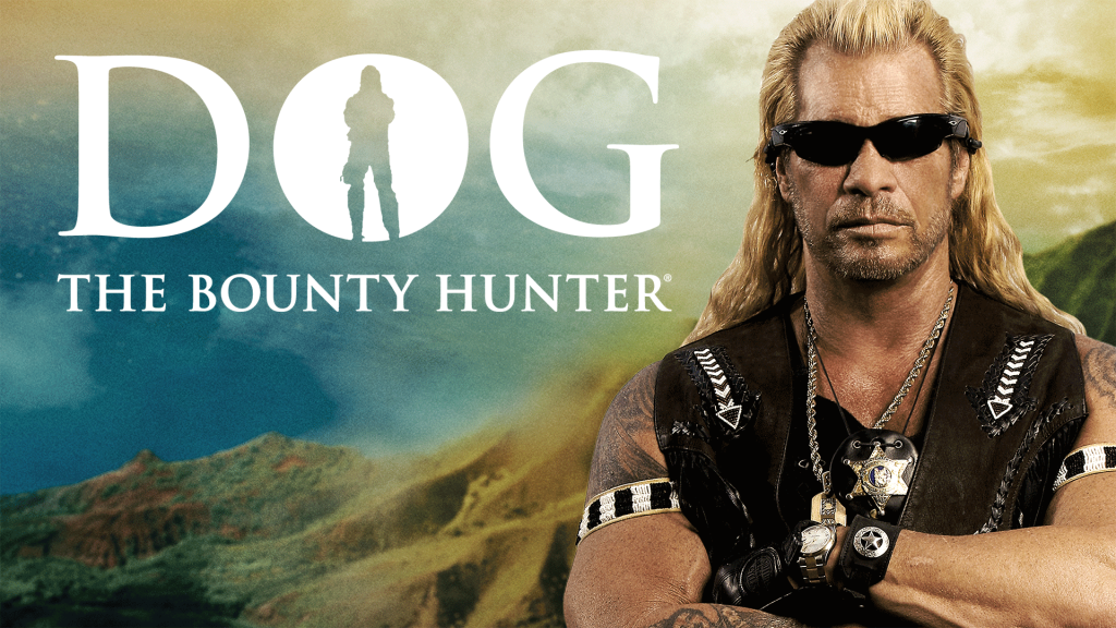 Dog the Bounty Hunter white logo with Duane Chapman standing beside it