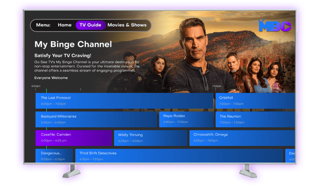 A TV showing the MBC My Binge Channel interface on a TV with a purple glow